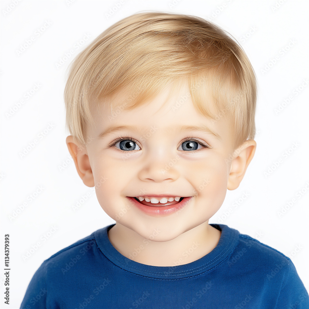 Smiling blonde toddler boy in a blue shirt, radiating innocence and joy, photographed against a soft white background with ample copy space. Smiling blonde toddler boy in a blue shirt, radiating innocence and joy, photographed against a soft white background with ample copy space.