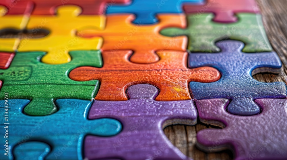 A colorful jigsaw puzzle piece arrangement on a wooden surface. A colorful jigsaw puzzle piece arrangement on a wooden surface.