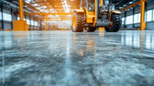 A large yellow construction vehicle occupies the foreground in a spacious industrial warehouse, with shiny floors and bright lighting creating a modern atmosphere. photo