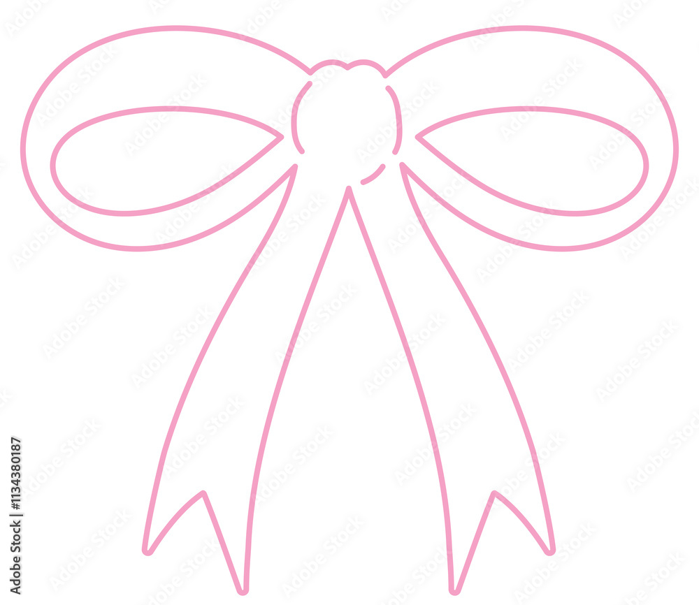 Fototapeta premium Pink bow or ribbon outline for decoration, colouring book, art, painting, tattoo, patch, brooch, fabric print, breast cancer awareness campaign, logo, icon, sign, symbol, fashion, accessory, women 