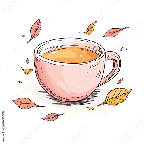 Pink cup with a warm beverage and autumn leaves around.