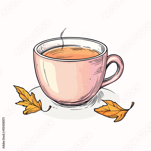 Pink cup with a warm beverage and autumn leaves around.