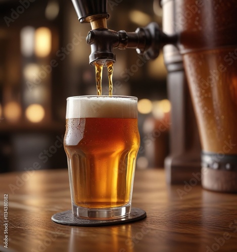 Beer being poured from tap into waiting pint glass, condensation, bar back photo