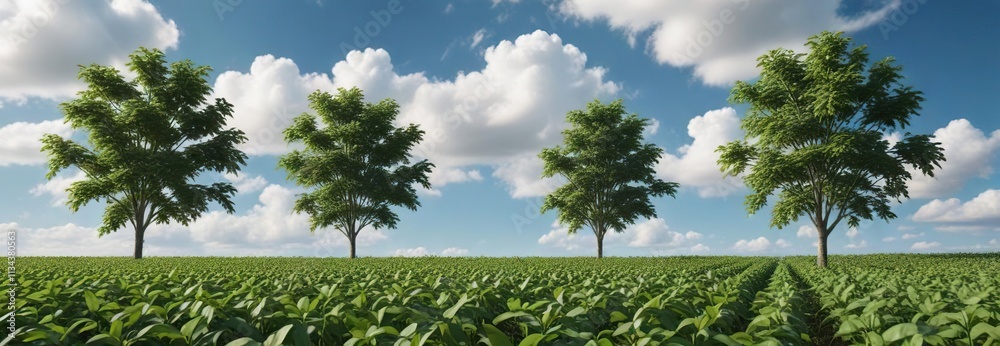 soybean plants under blue sky with few white clouds and tall trees in the background, farmland, landscape, soybean soybean plants under blue sky with few white clouds and tall trees in the background, farmland, landscape, soybean