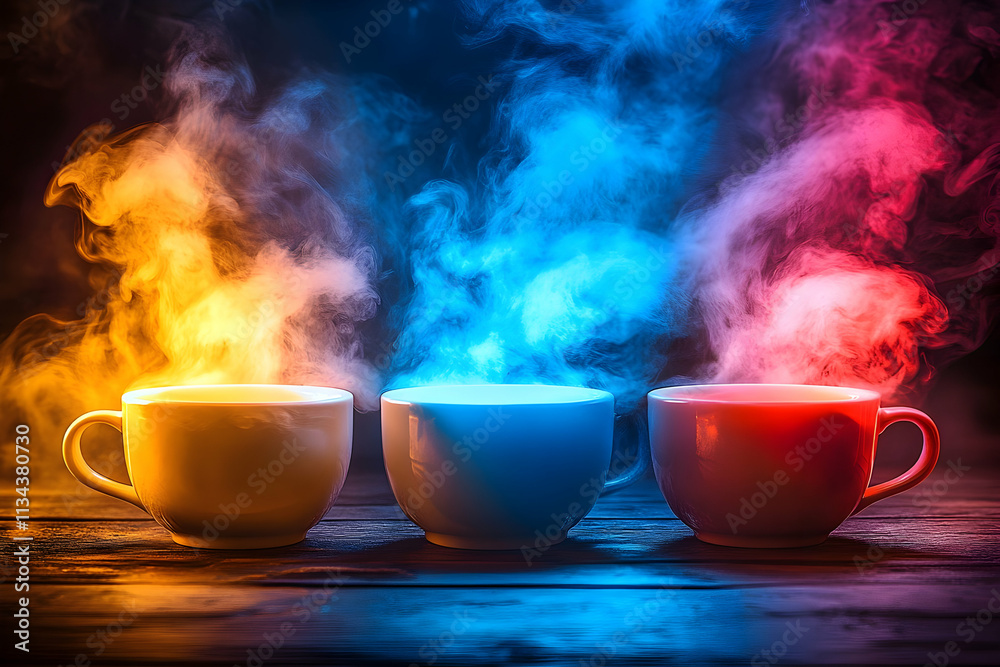 Three steaming mugs in vibrant colors on a wooden surface.