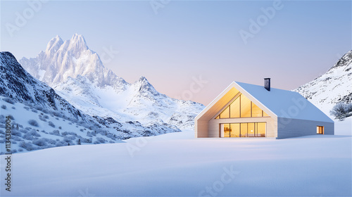 Scenic winter cabin in snowy mountains under a clear blue sky, evoking warmth and serenity. Ideal for travel or winter holiday themes with a copy space. photo