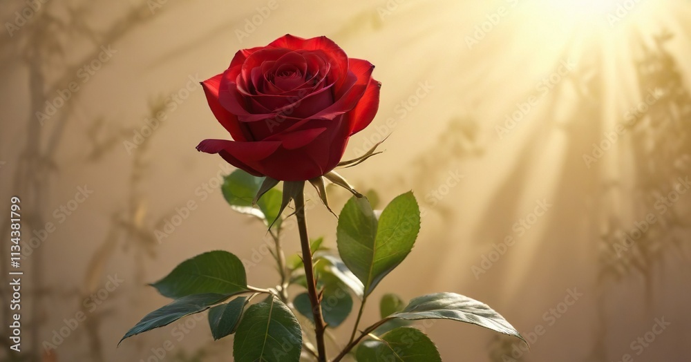 Fototapeta premium single red rose with delicate stem and leaves against the warm morning sunlight, morning, soft