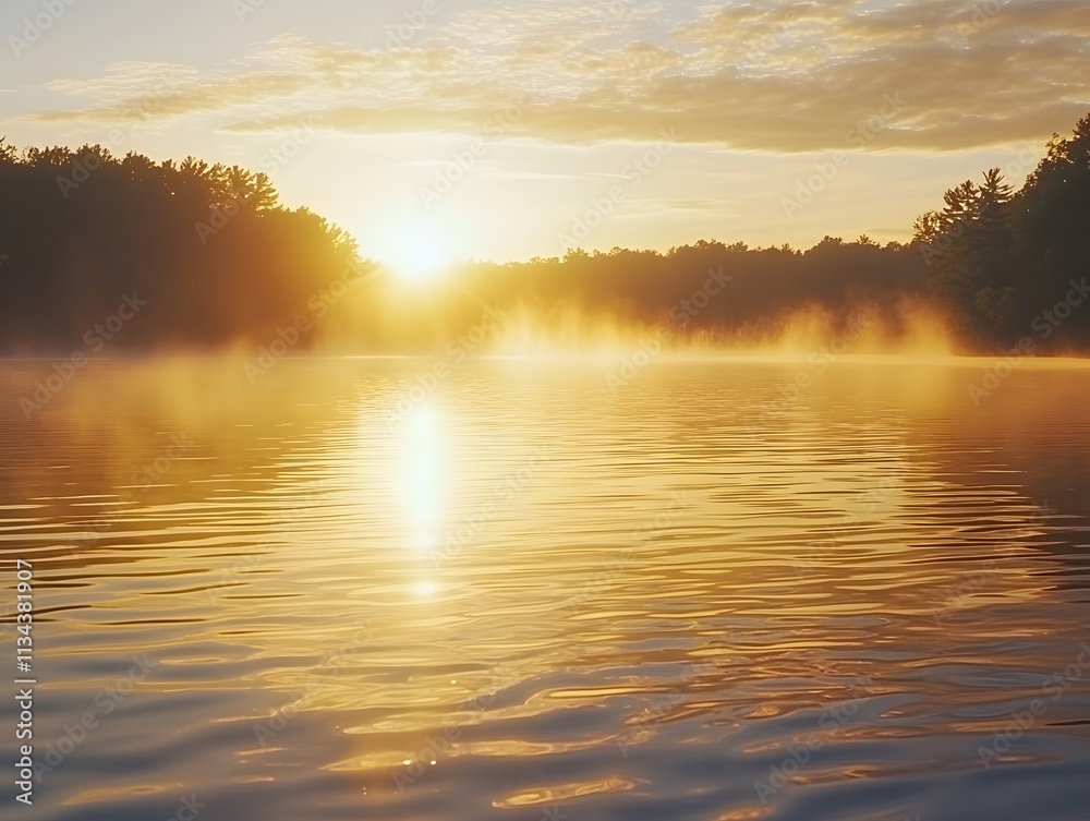 A serene sunrise over a misty lake, reflecting golden hues and a tranquil atmosphere. A serene sunrise over a misty lake, reflecting golden hues and a tranquil atmosphere.