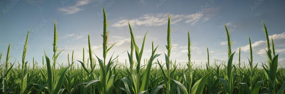 Fototapeta premium vast expanse of green corn with tall stalks swaying gently in breeze, open field, countryside