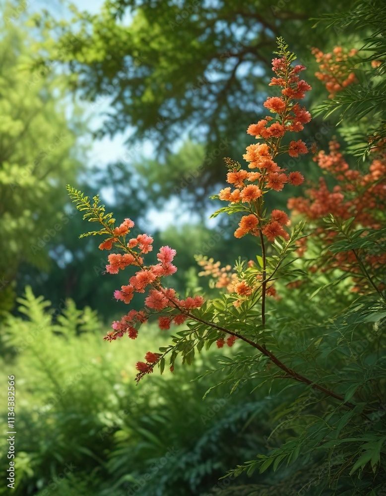 Vibrant tamarisk flower amidst lush green foliage, natural beauty, flora Vibrant tamarisk flower amidst lush green foliage, natural beauty, flora