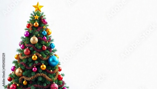 Vibrant colorful Christmas tree decorated with oversized ornaments and tinsel, ornaments, festive atmosphere, whimsical