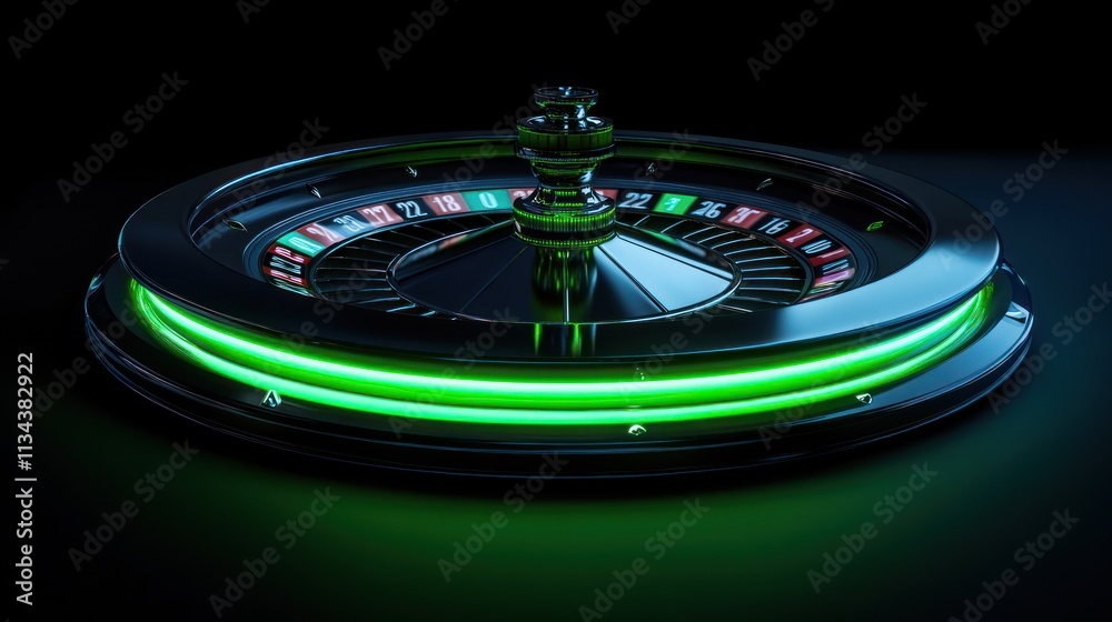 Sleek, modern roulette wheel with glowing green accents on dark background. Sleek, modern roulette wheel with glowing green accents on dark background.