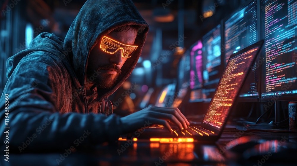 Obraz premium Focused individual coding in a high-tech environment
