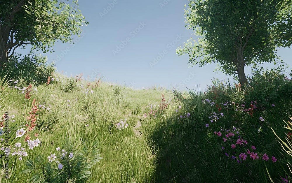 A serene landscape featuring grassy hills and blooming flowers under a clear sky. A serene landscape featuring grassy hills and blooming flowers under a clear sky.