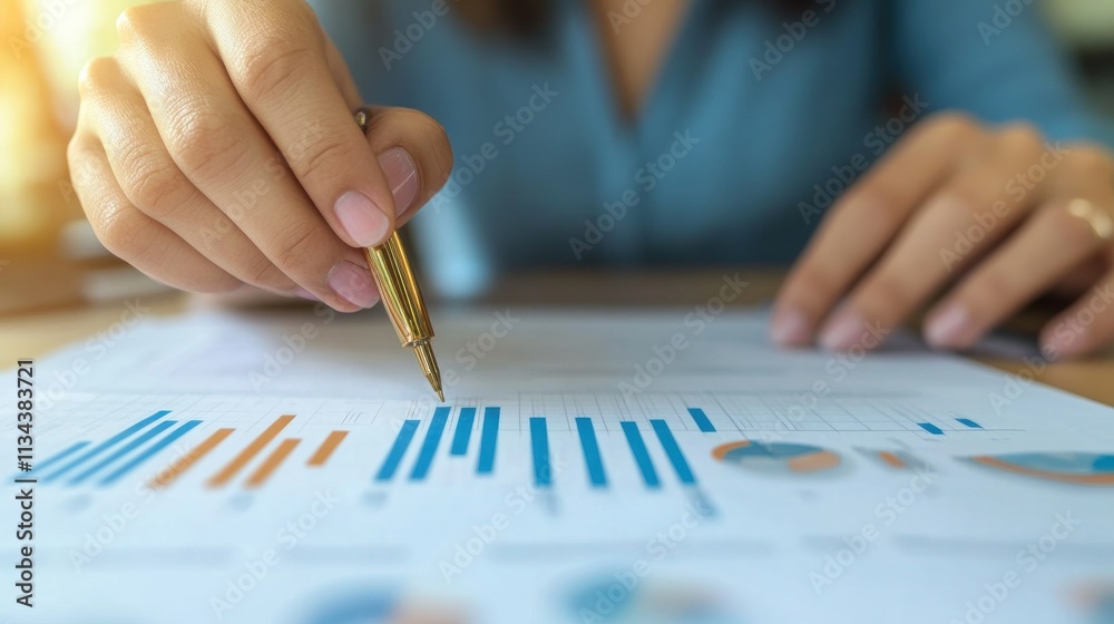 Woman Analyzing Financial Charts With A Gold Pen Woman Analyzing Financial Charts With A Gold Pen