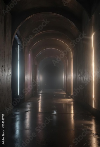 A serene tunnel of soft, ethereal light envelops a vast, darkened space, darkness, soft