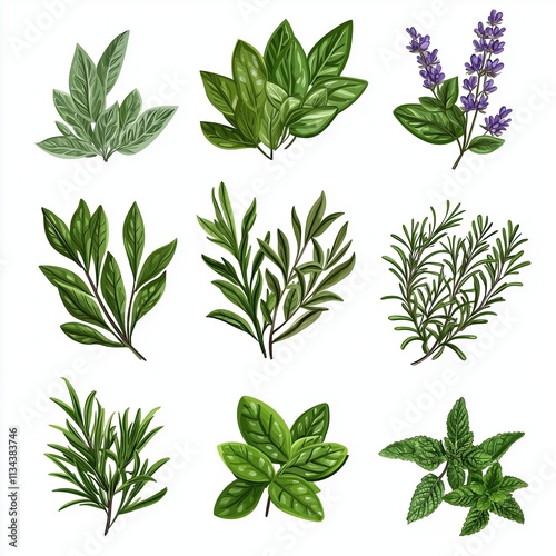 Botanical Illustration of Various Types of Herbs