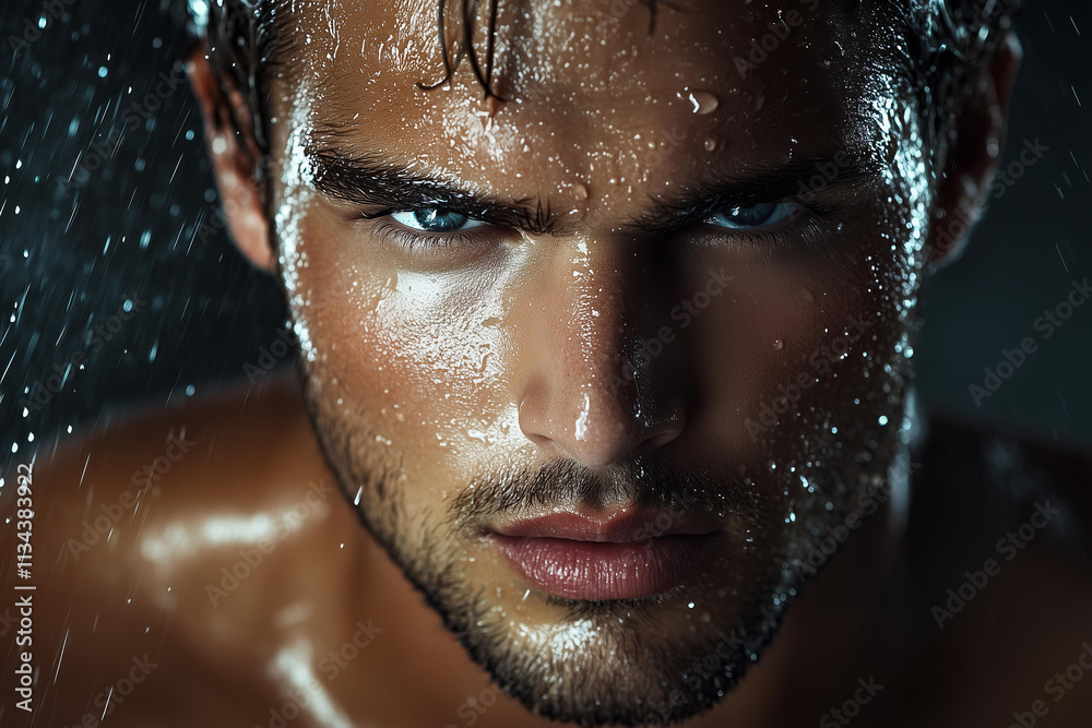 A close-up portrait of a handsome man’s face with wet hair and water droplets running down his skin. His jawline is sharp and defined, and his intense gaze looks directly at the camera. A close-up portrait of a handsome man’s face with wet hair and water droplets running down his skin. His jawline is sharp and defined, and his intense gaze looks directly at the camera.