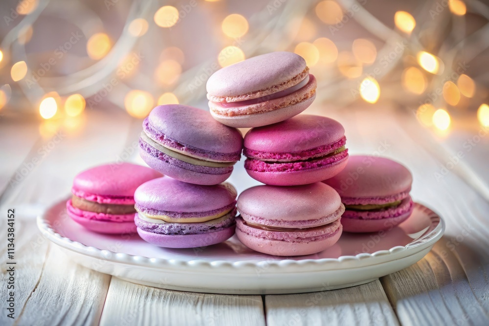 Delicate pink and purple macarons arranged on a rustic wooden plate, bokeh-blurred background. Delicate pink and purple macarons arranged on a rustic wooden plate, bokeh-blurred background.