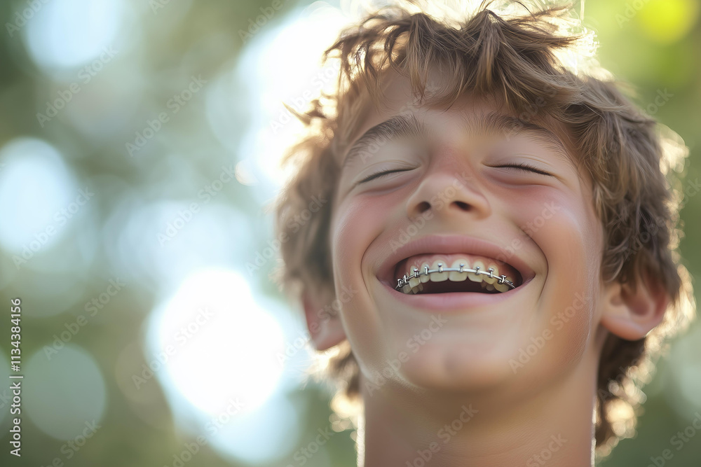 A close-up portrait of a happy teenage boy with braces on his teeth. He is laughing openly, revealing his braces, and his eyes are closed with joy. The background is softly blurred A close-up portrait of a happy teenage boy with braces on his teeth. He is laughing openly, revealing his braces, and his eyes are closed with joy. The background is softly blurred