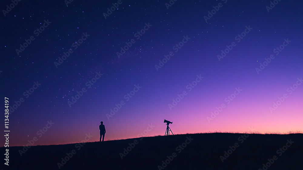 Stargazing at dusk with a telescope on a serene hilltop under the fading light