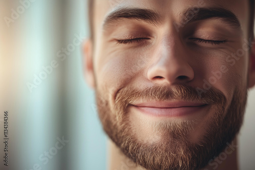 A close-up portrait of a man with his eyes closed and a peaceful, happy smile. His skin is smooth, his facial hair is neatly trimmed, and his face is illuminated by soft natural light.   photo