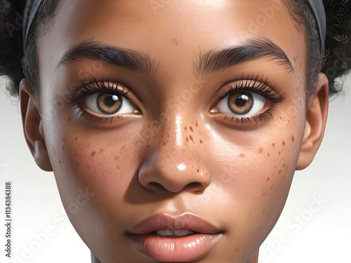 Young black woman with natural beauty, brown hair and brown eyes. Beautiful face with cute freckle on her nose. Close up professional studio shoot, white background.
