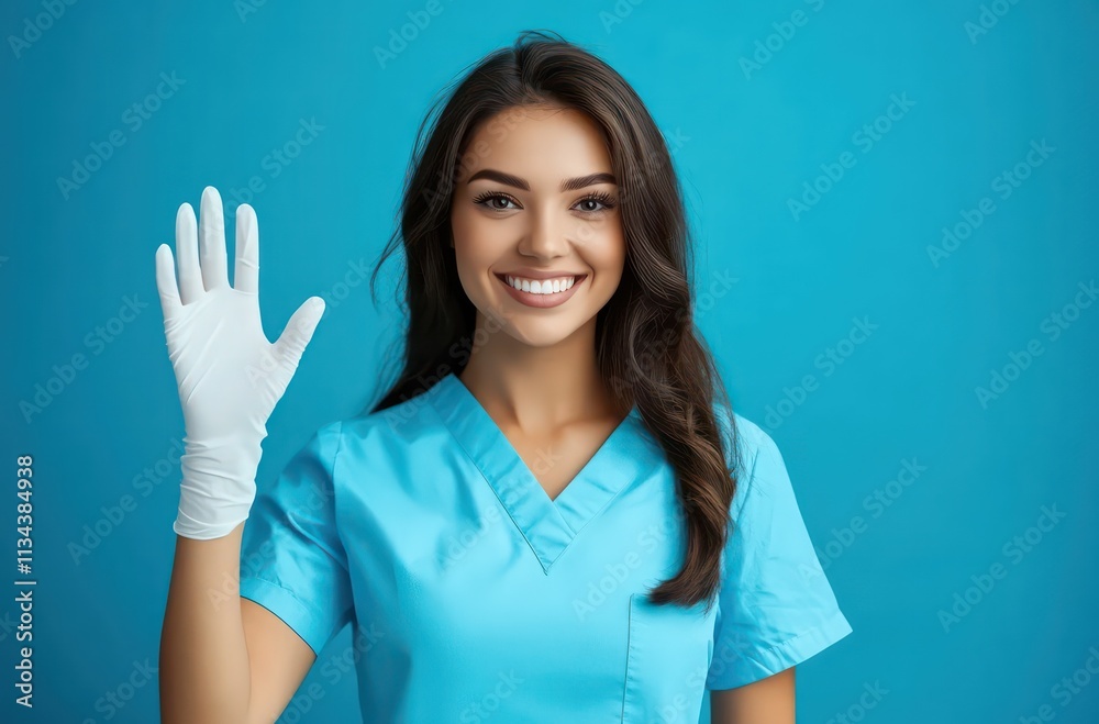 A smiling healthcare professional in scrubs, waving with a gloved hand against a blue background. A smiling healthcare professional in scrubs, waving with a gloved hand against a blue background.