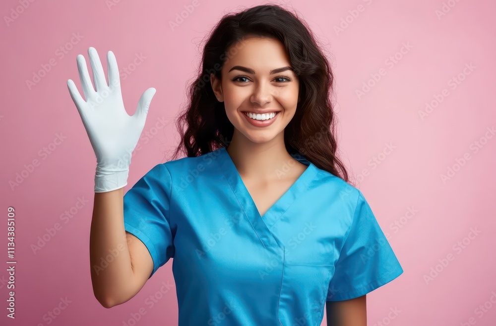 A smiling woman in a blue medical uniform waves while wearing a white glove against a pink background. A smiling woman in a blue medical uniform waves while wearing a white glove against a pink background.