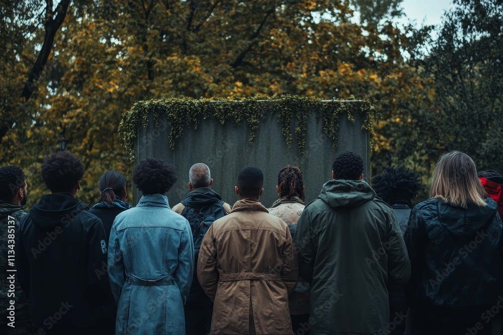People stand facing weathered wall, autumn backdrop. People stand facing weathered wall, autumn backdrop.
