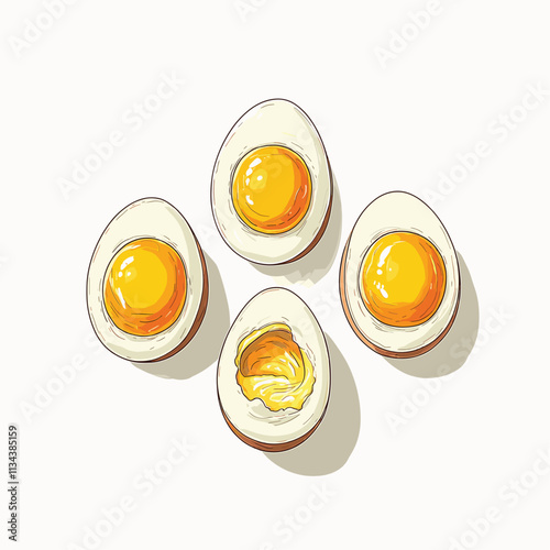 Three illustrated eggs with soft yolks and detailed whites.