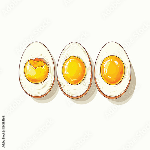 Three illustrated eggs with soft yolks and detailed whites.