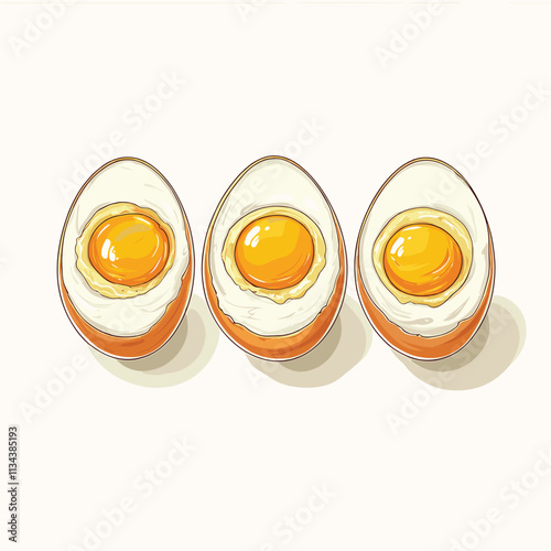 Three illustrated eggs with soft yolks and detailed whites.