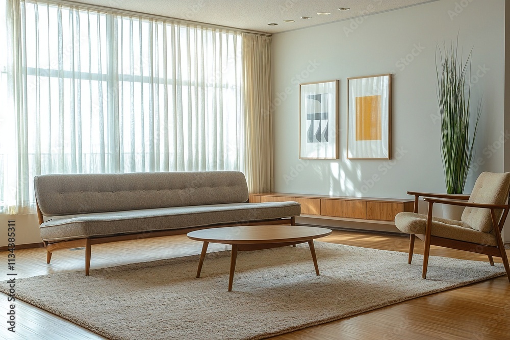 Fototapeta premium Minimalist, mid century modern interior design in the living room of a house with windows visible and sofas and wood tables. Generative AI 