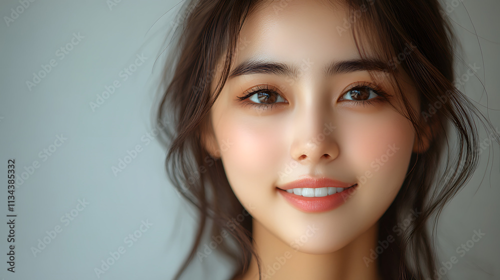 Portrait of a beautiful smiling young Korean woman with long black hair, dressed in casual attire, exuding happiness and confidence, captured in a natural and radiant moment.
