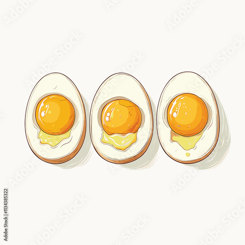 Three illustrated eggs with soft yolks and detailed whites.