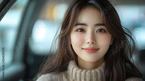 Portrait of a beautiful smiling young Korean woman with long black hair, dressed in casual attire, exuding happiness and confidence, captured in a natural and radiant moment.
