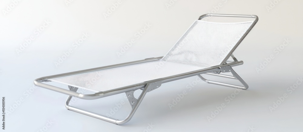 Aluminum beach lounger with white mesh, adjustable backrest, rendered on a pure white background. Aluminum beach lounger with white mesh, adjustable backrest, rendered on a pure white background.