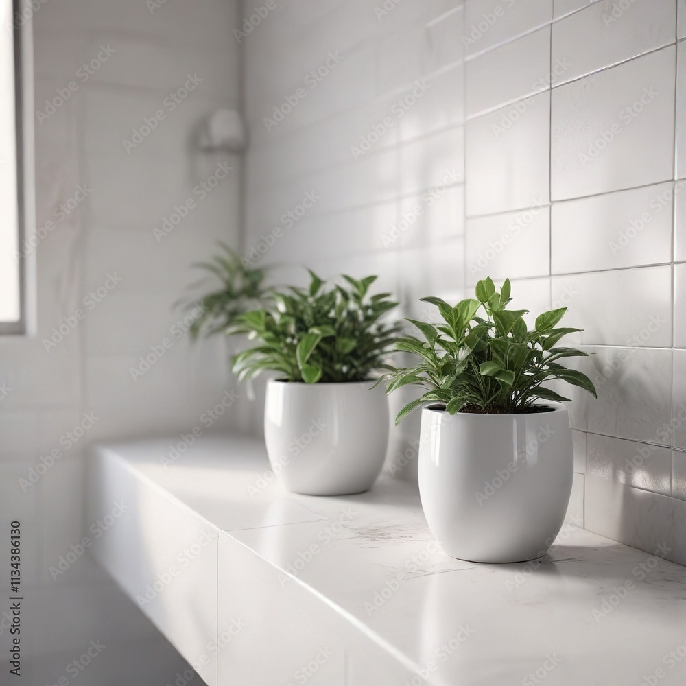 Fototapeta premium Bathroom fixture on white tile wall with a small plant in front lit by gentle morning light, kitchen sink, faucet, porcelain sink