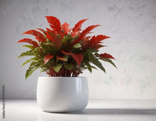 Low growing, red leafed agronema plant in a white ceramic pot with green accents, red leaves, green and white decor photo