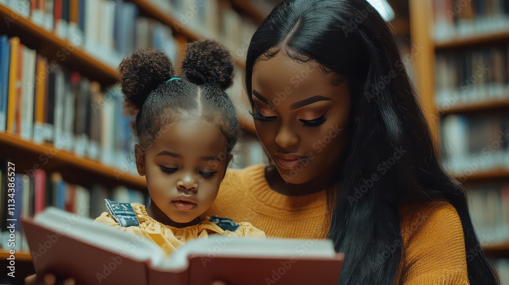 A woman and child reading together in a library, fostering a love for books. A woman and child reading together in a library, fostering a love for books.