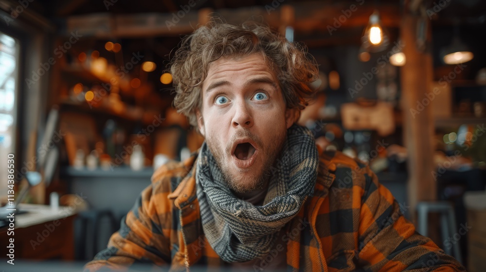 Man with wide eyes, mouth open in surprise in indoor cafe. Man with wide eyes, mouth open in surprise in indoor cafe.