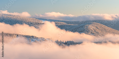 Fototapeta Naklejka Na Ścianę i Meble -  Eastern Sudetes, View of snowy mountain range in fog from hiking trail during winter hike in mountains, viewpoint of wide winter landscape in mountains at sunset.