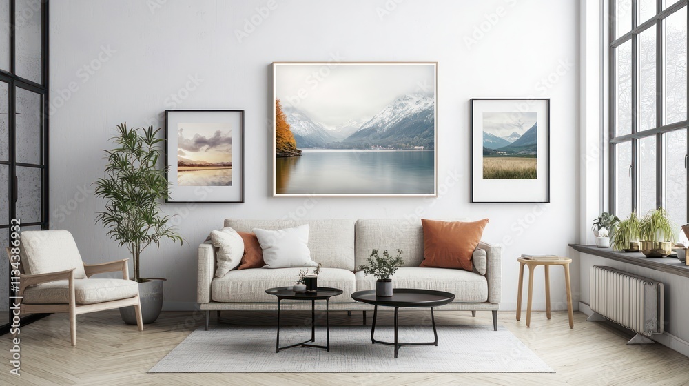 Minimalist Scandinavian living room with mockup frame that appears to float off the wall, adding a 3D layering effect to the space. Minimalist Scandinavian living room with mockup frame that appears to float off the wall, adding a 3D layering effect to the space.