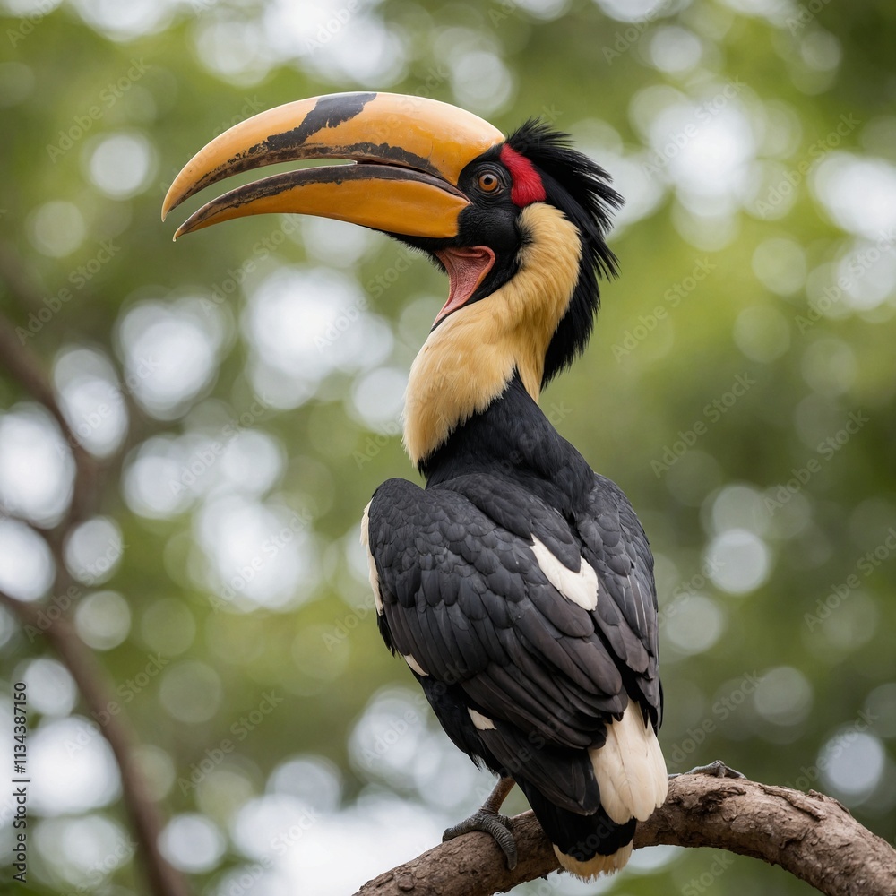 Obraz premium A great hornbill in profile view, perched gracefully, with a bright white background.