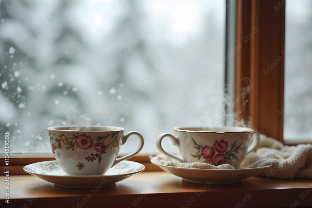Cozy Winter Tea Setting with Floral Cups Against Snowy Window View Cozy Winter Tea Setting with Floral Cups Against Snowy Window View