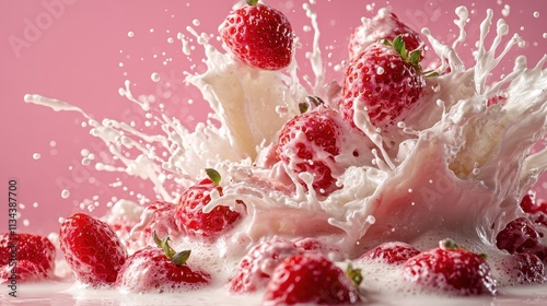 Multiple strawberries burst in a wave of milk, energetically set on a pink canvas, symbolizing vitality and delight through vibrant color and motion. photo