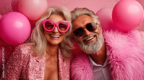 A senior couple dressed in glamorous pink sequin attire, wearing heart-shaped sunglasses, laughing with pink balloons in the backdrop, exuding a sense of flamboyance and cheer. photo