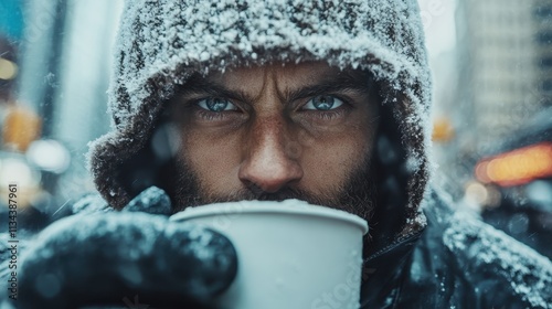 A bearded man in winter gear, with a hood and gloves, stares intently at the camera while holding a cup amidst a snowy city backdrop, conveying determination and strength. photo