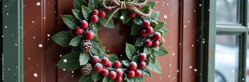 Festive Holiday Wreath Adorned with Red Berries and Pine Cones on Wooden Door